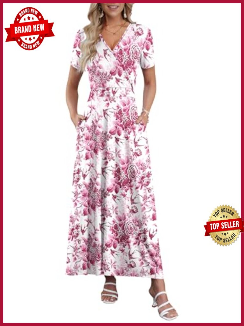 Women's Floral Maxi Dress Wrap V-Neck Ankle Length Short Sleeve Flowy Beach